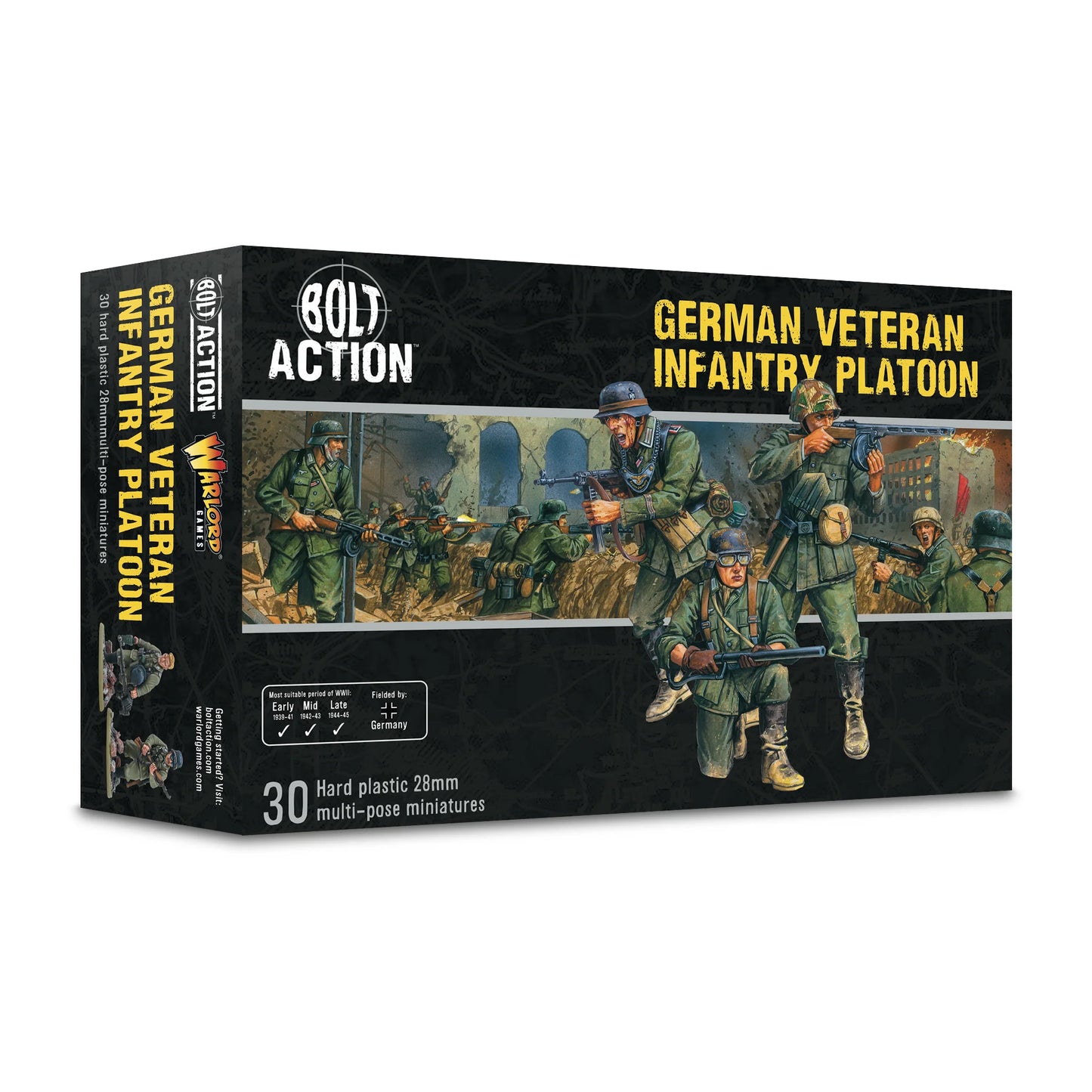 German Veteran Infantry Platoon - Bolt Action 28mm - opakowanie pudełko z ilustracją weteranów Wehrmacht - 30 figurek plastikowych - Warlord Games