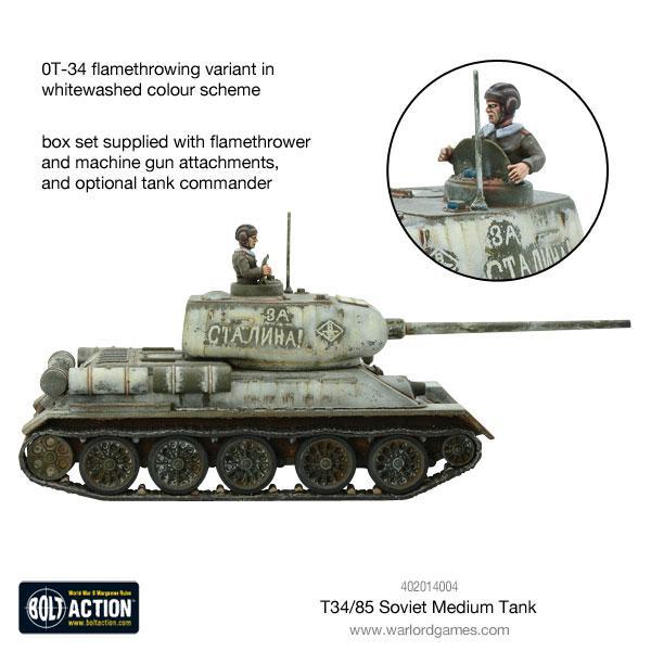 T-34/85 Medium Tank - Bolt Action 28mm - OT-34 flamethrower variant whitewash kamuflaż dowódca czołgu miotacz ognia karabin maszynowy cyrylica - Warlord Games