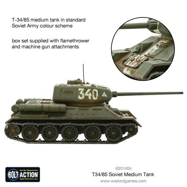 T-34/85 Medium Tank - Bolt Action 28mm - T-34/85 standard Soviet green 340 miotacz ognia karabin maszynowy pochyły pancerz działo 85mm - Warlord Games