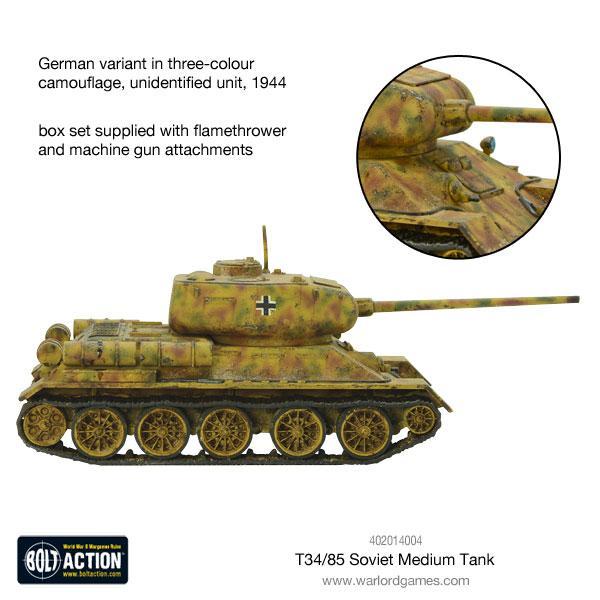 T-34/85 Medium Tank - Bolt Action 28mm - German variant kamuflaż trójkolorowy 1944 Balkenkreuz miotacz ognia karabin maszynowy - Warlord Games