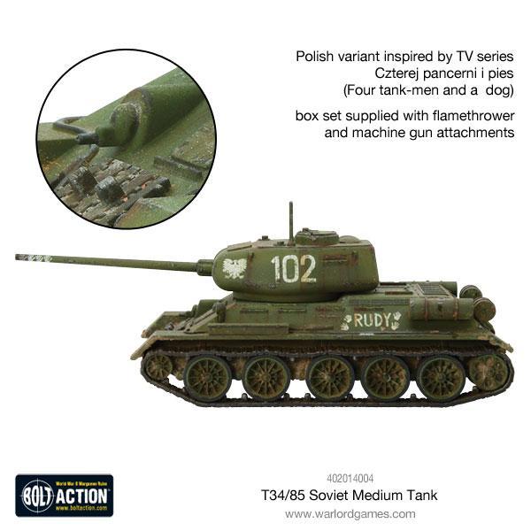 T-34/85 Medium Tank - Bolt Action 28mm - Polish variant 102 RUDY Czterej pancerni i pies Soviet green 4 załogantów pies miotacz ognia - Warlord Games