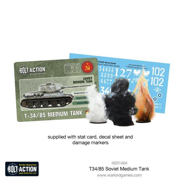 T-34/85 Medium Tank - Bolt Action 28mm - karta statystyk Bolt Action arkusz kalkomanii 127 102 340 znaczniki uszkodzeń dym ogień - Warlord Games