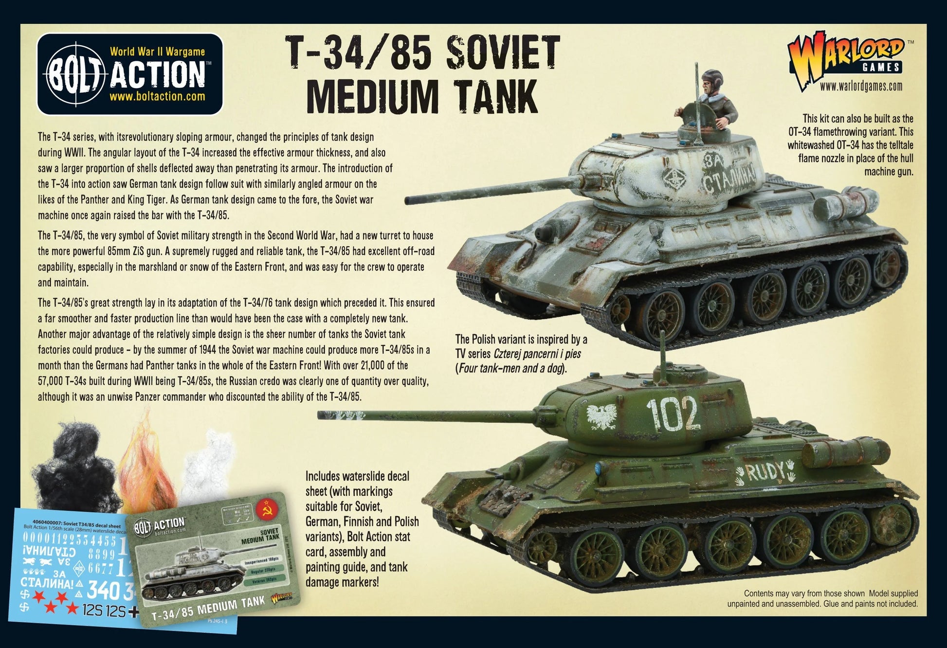 T-34/85 Medium Tank - Bolt Action 28mm - pudełko tył OT-34 flamethrower whitewash 102 RUDY Polish variant Czterej pancerni i pies opis historyczny zawartość - Warlord Games