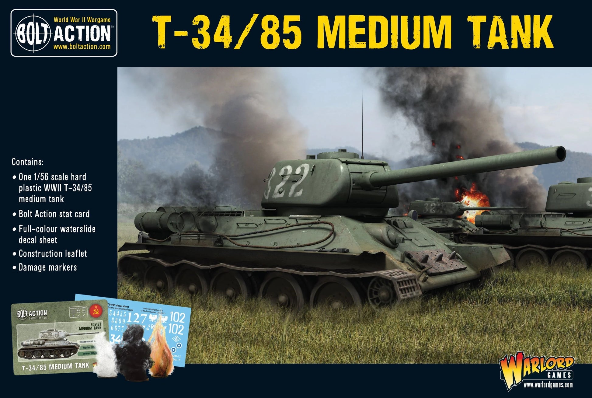 T-34/85 Medium Tank - Bolt Action 28mm - pudełko scena bitewna 422 Soviet green dym ogień 1/56 scale karta statystyk kalkomanie - Warlord Games