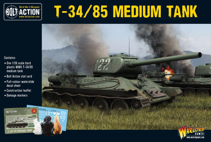 T-34/85 Medium Tank - Bolt Action 28mm - pudełko scena bitewna 422 Soviet green dym ogień 1/56 scale karta statystyk kalkomanie - Warlord Games