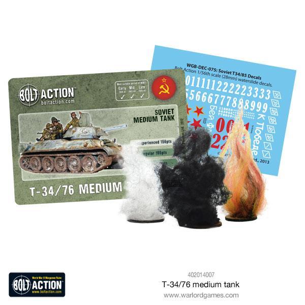 T-34/76 Medium Tank - Bolt Action 28mm - karta statystyk Bolt Action arkusz kalkomanii czerwone numery 06 2 znaczniki uszkodzeń dym ogień - Warlord Games