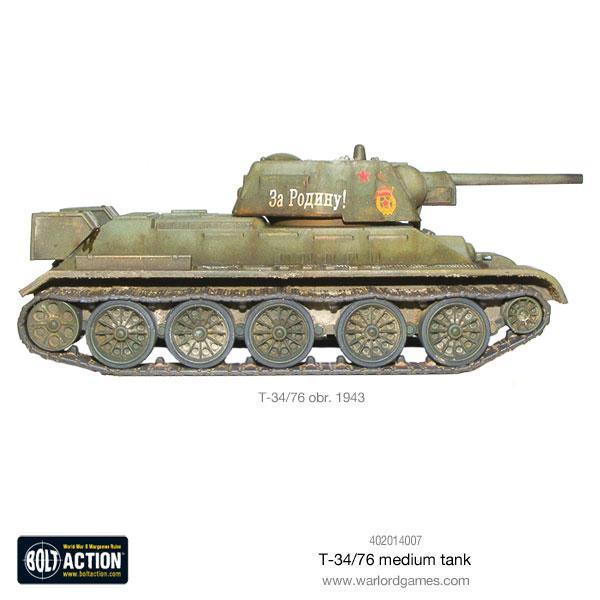 T-34/76 Medium Tank - Bolt Action 28mm - T-34/76 obr. 1943 widok z lewego boku Za Rodinu! red star pochyły pancerz szerokie gąsienice - Warlord Games