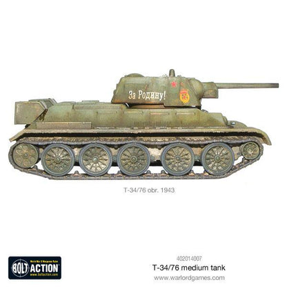 T-34/76 Medium Tank - Bolt Action 28mm - T-34/76 obr. 1943 widok z lewego boku Za Rodinu! red star pochyły pancerz szerokie gąsienice - Warlord Games