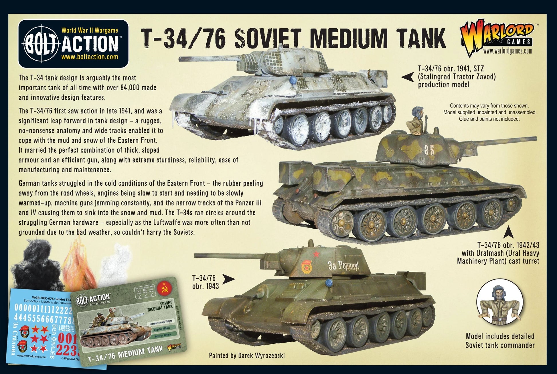 T-34/76 Medium Tank - Bolt Action 28mm - pudełko tył 3 wersje obr. 1941 STZ obr. 1942/43 Uralmash obr. 1943 Za Rodinu dowódca czołgu opis historyczny zawartość - Warlord Games