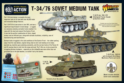 T-34/76 Medium Tank - Bolt Action 28mm - pudełko tył 3 wersje obr. 1941 STZ obr. 1942/43 Uralmash obr. 1943 Za Rodinu dowódca czołgu opis historyczny zawartość - Warlord Games