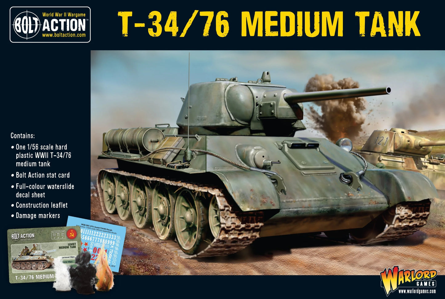 T-34/76 Medium Tank - Bolt Action 28mm - pudełko przód scena bitewna Soviet green 121 dowódca czołgu eksplozja Panzer III - Warlord Games