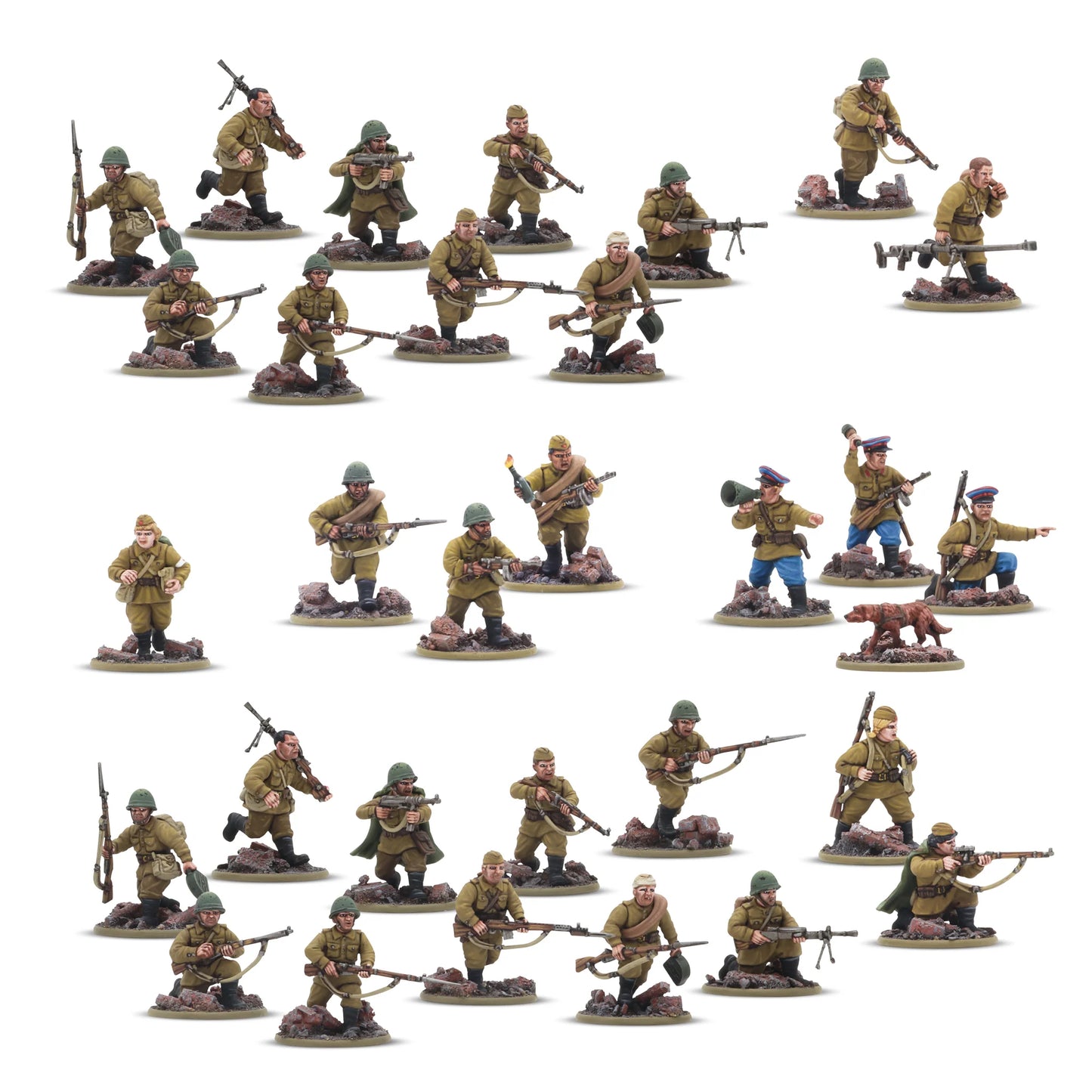 Soviet Army Infantry Platoon - Bolt Action 28mm - 30 figurek letnie mundury Mosin-Nagant DPM PRTD pistolety maszynowe hełmy czapki NKVD pies kurczak - Warlord Games