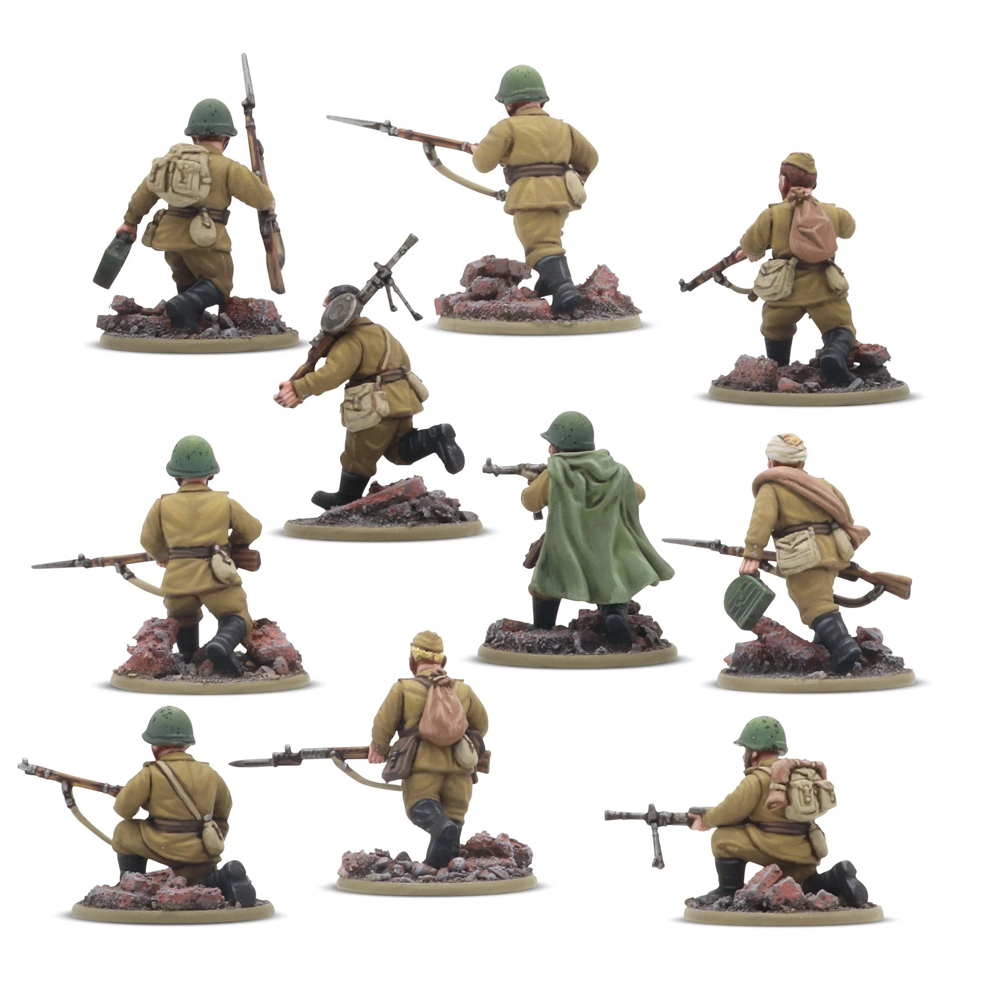 Soviet Army Infantry Platoon - Bolt Action 28mm - widok z tyłu letnie mundury Mosin-Nagant DPM peleryna maskująca wyposażenie podstawki - Warlord Games