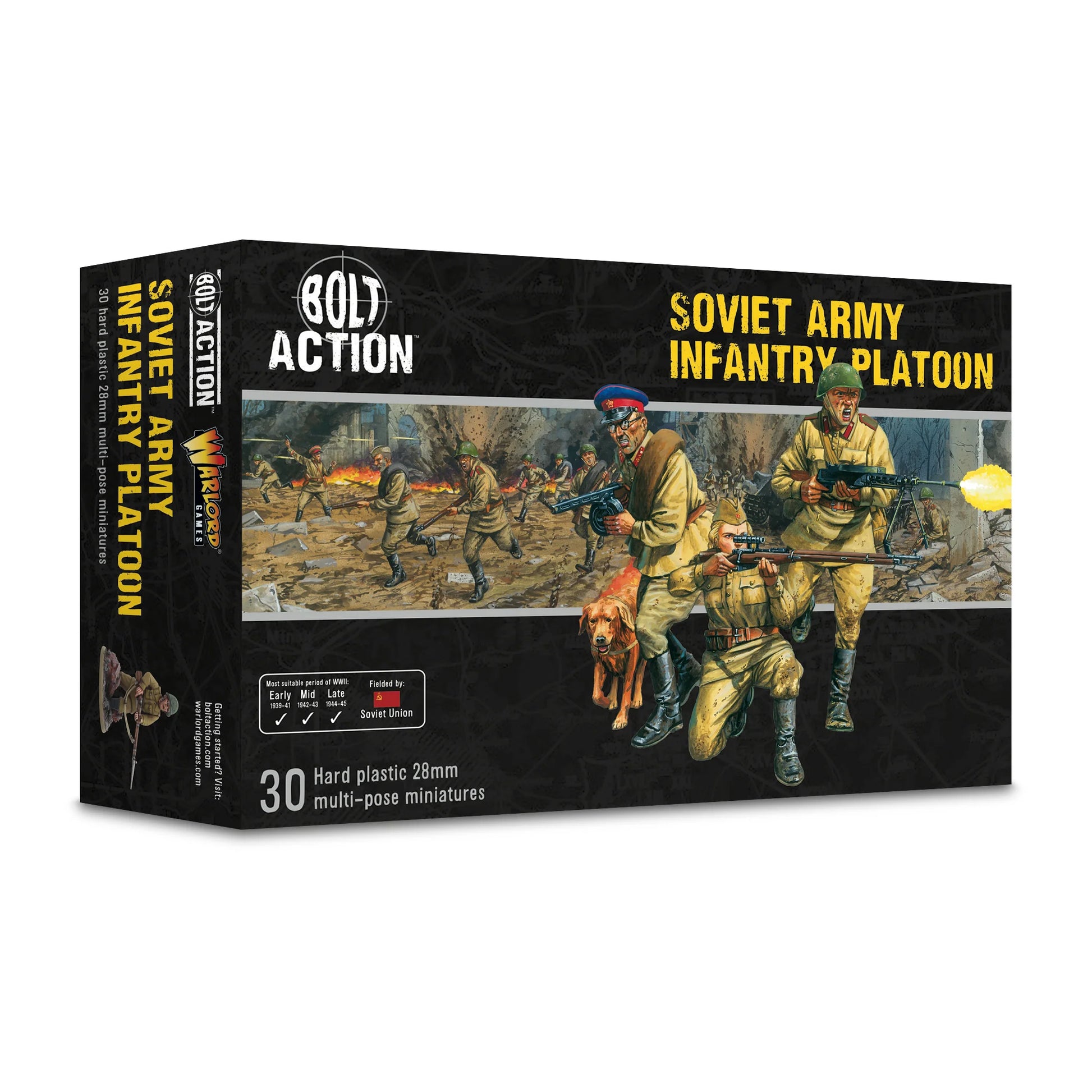 Soviet Army Infantry Platoon - Bolt Action 28mm - pudełko 30 plastikowych figurek letnie mundury scena bitewna pies ilustracja - Warlord Games