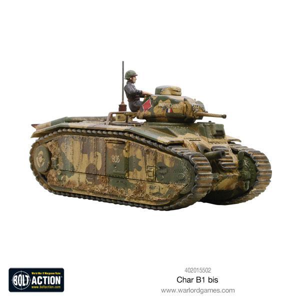 Char B1 bis - Bolt Action 28mm - francuski czołg z figurką dowódcy i efektami weathering - widok perspektywiczny - Warlord Games