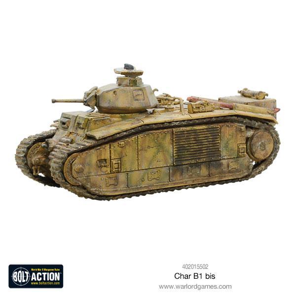 Char B1 bis - Bolt Action 28mm - francuski czołg przełamania w kamuflażu piaskowym - widok z boku - Warlord Games