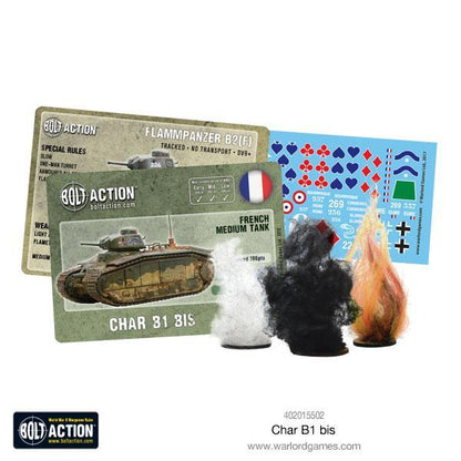 Char B1 bis - Bolt Action 28mm - zawartość pudełka z kalkomanią znacznikami efektami ognia - French Medium Tank - Warlord Games