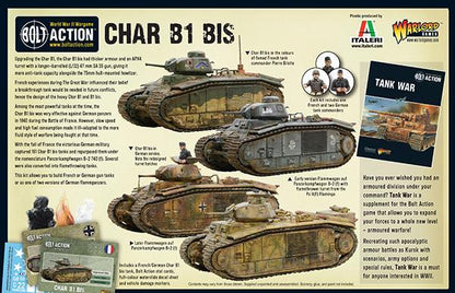 Char B1 bis - Bolt Action 28mm - tył opakowania z wariantami malowania i Flammpanzer - pudełko zestawu - Warlord Games