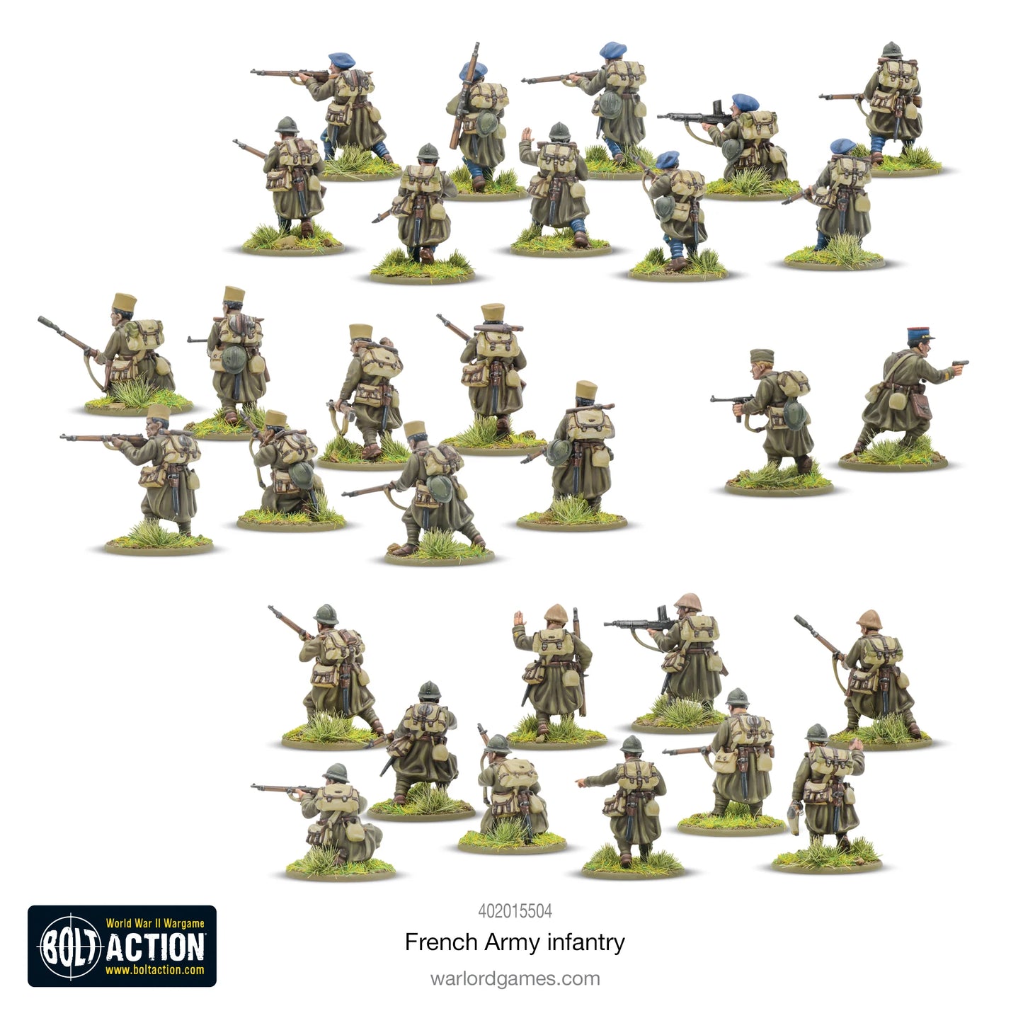 French Army Infantry - Bolt Action 28mm - schemat kolorystyczny widok z tyłu chasseur fortress troop engineer colonial troop mundury khaki hełmy Adrian berety - Warlord Games