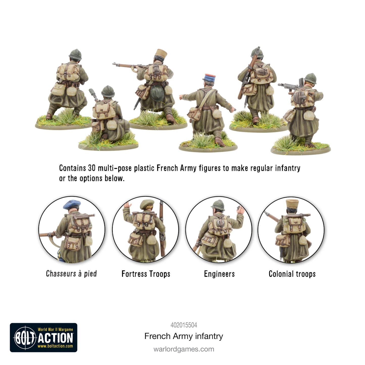 French Army Infantry - Bolt Action 28mm - opcje montażu widok z tyłu chasseurs à pied fortress troops engineers colonial troops plecaki wyposażenie mundury khaki - Warlord Games