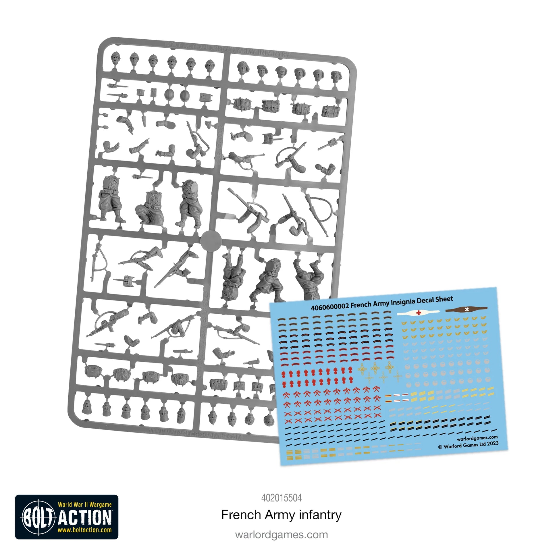 French Army Infantry - Bolt Action 28mm - ramka plastikowa głowy korpusy ręce broń wyposażenie arkusz kalkomanii kolorowy insygnia numery - Warlord Games