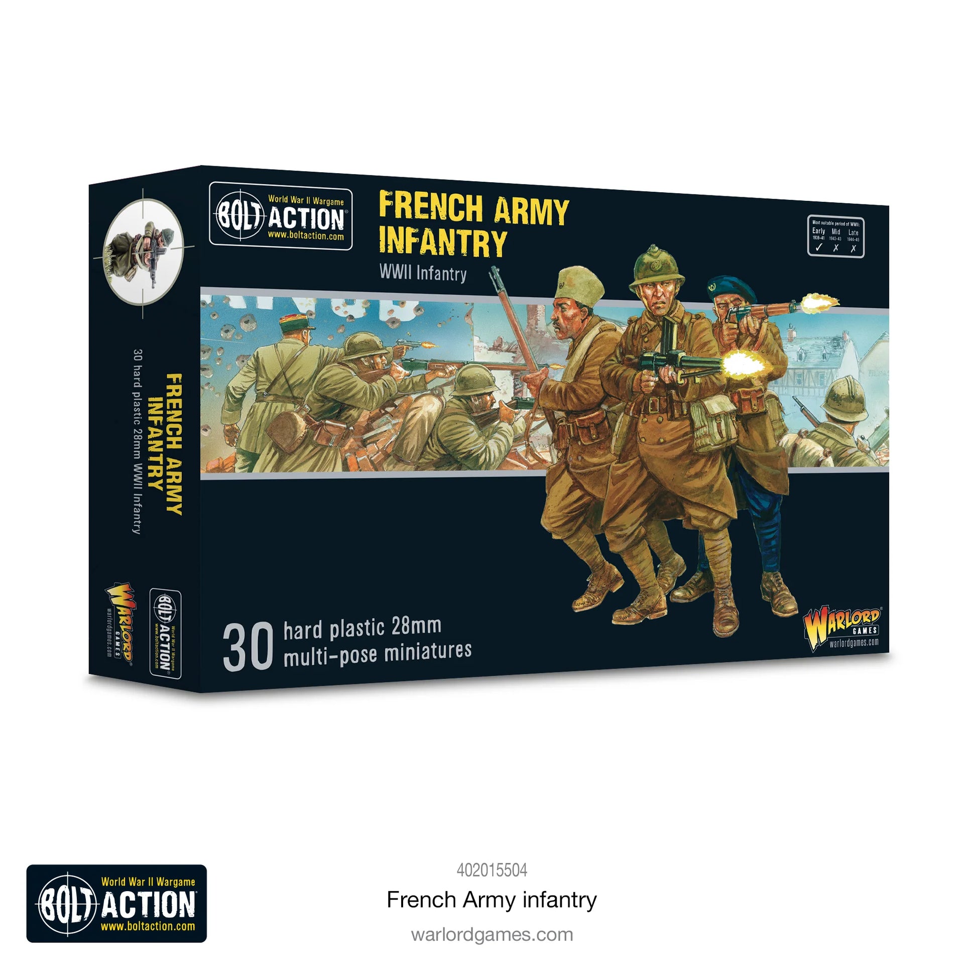 French Army Infantry - Bolt Action 28mm - pudełko ilustracja kolorowa piechota francuska walka Francja 1940 30 hard plastic miniatures - Warlord Games