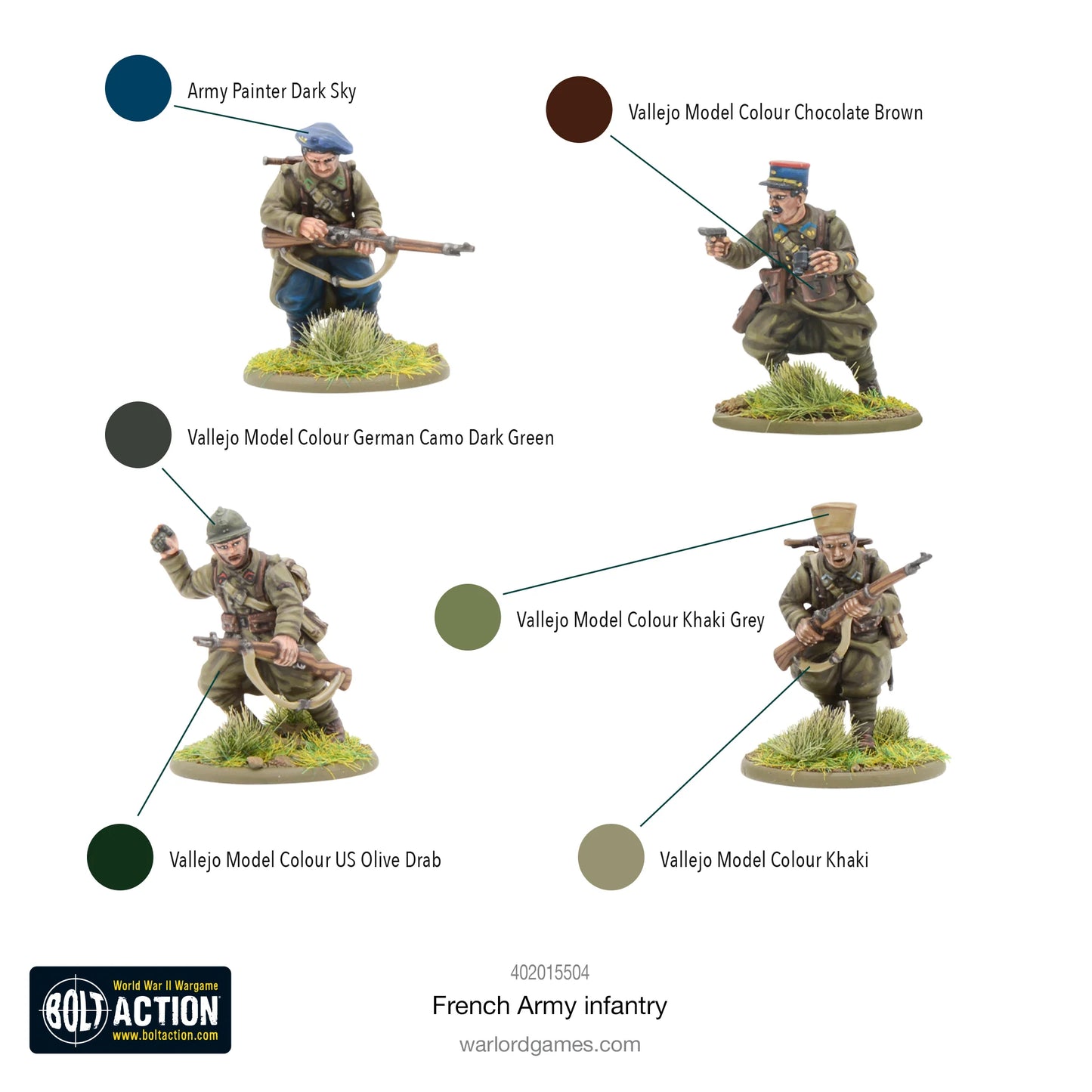 French Army Infantry - Bolt Action 28mm - schemat kolorystyczny Vallejo Dark Sky Chocolate Brown German Camo Dark Green US Olive Drab Khaki Grey Khaki - Warlord Games