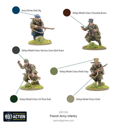 French Army Infantry - Bolt Action 28mm - schemat kolorystyczny Vallejo Dark Sky Chocolate Brown German Camo Dark Green US Olive Drab Khaki Grey Khaki - Warlord Games