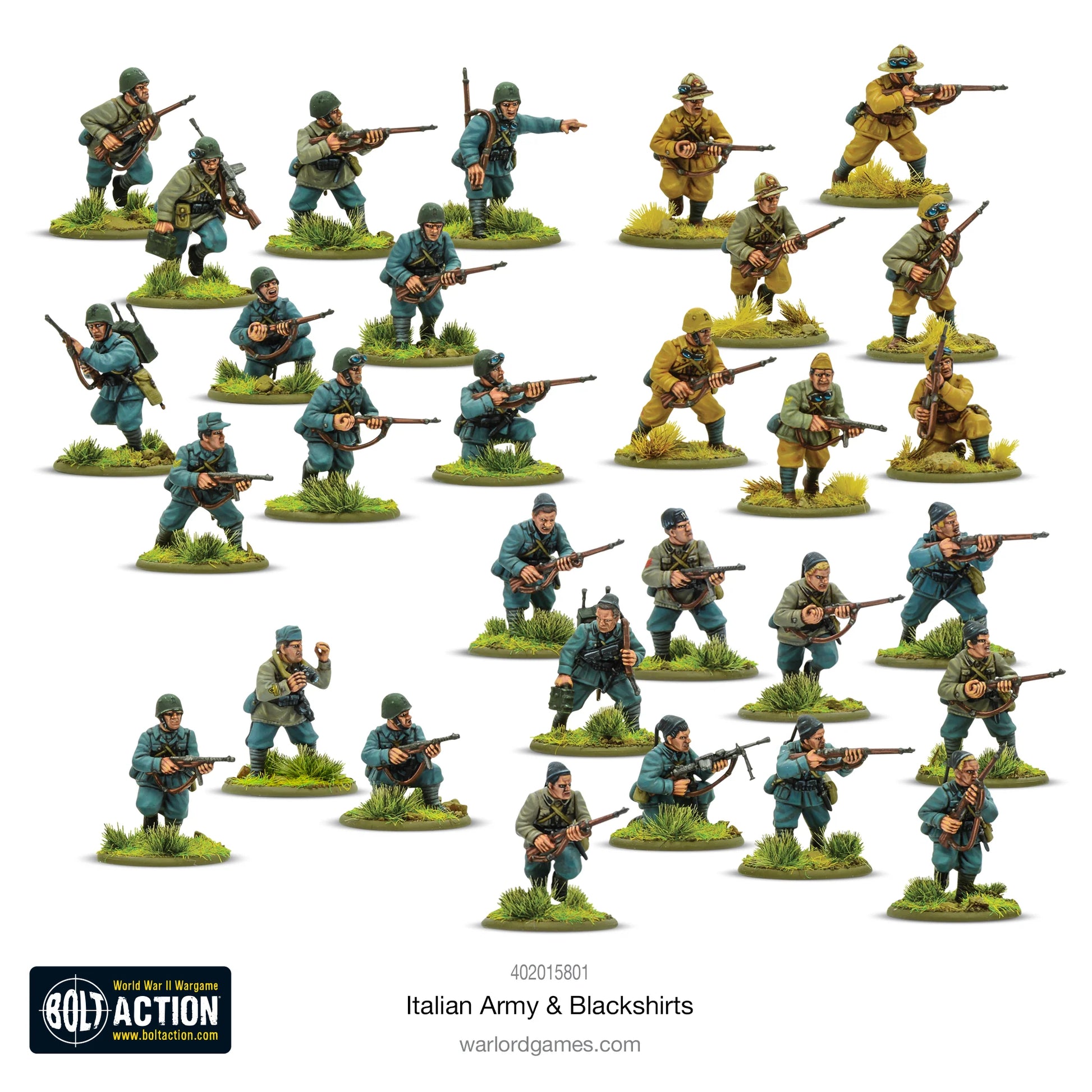 Italian Army & Blackshirts - Bolt Action 28mm - kompletny zestaw 30 pomalowanych figurek: regularna piechota w mundurach grigio-verde i M37, Camicie Nere w żółtych mundurach Sahariana z fezami, różne hełmy M33 i pith helmet, karabiny Carcano i Beretta - Warlord Games
