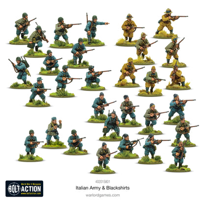 Italian Army & Blackshirts - Bolt Action 28mm - kompletny zestaw 30 pomalowanych figurek: regularna piechota w mundurach grigio-verde i M37, Camicie Nere w żółtych mundurach Sahariana z fezami, różne hełmy M33 i pith helmet, karabiny Carcano i Beretta - Warlord Games