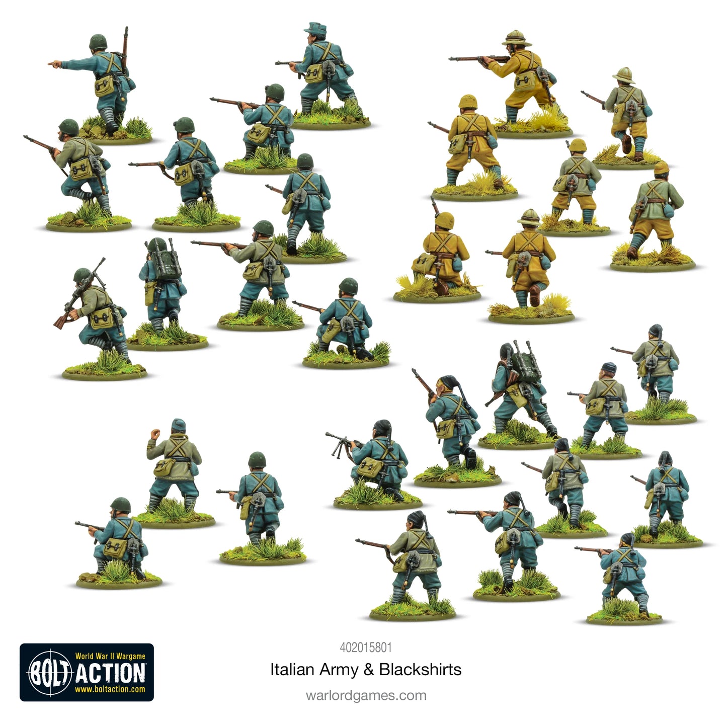 Italian Army & Blackshirts - Bolt Action 28mm - widok z tyłu: 30 włoskich żołnierzy i milicjantów z plecakami, torbami na maski gazowe, karabinami Carcano, różnorodne mundury M37/M40 i Sahariana - detale wyposażenia - skala 1/56 - Warlord Games
