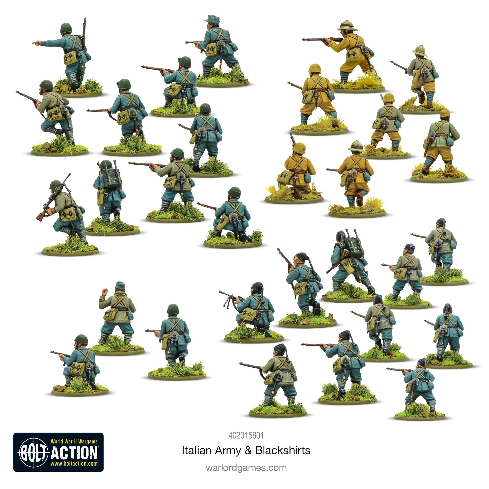 Italian Army & Blackshirts - Bolt Action 28mm - widok z tyłu: 30 włoskich żołnierzy i milicjantów z plecakami, torbami na maski gazowe, karabinami Carcano, różnorodne mundury M37/M40 i Sahariana - detale wyposażenia - skala 1/56 - Warlord Games