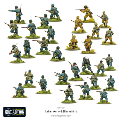 Italian Army & Blackshirts - Bolt Action 28mm - widok z tyłu: 30 włoskich żołnierzy i milicjantów z plecakami, torbami na maski gazowe, karabinami Carcano, różnorodne mundury M37/M40 i Sahariana - detale wyposażenia - skala 1/56 - Warlord Games