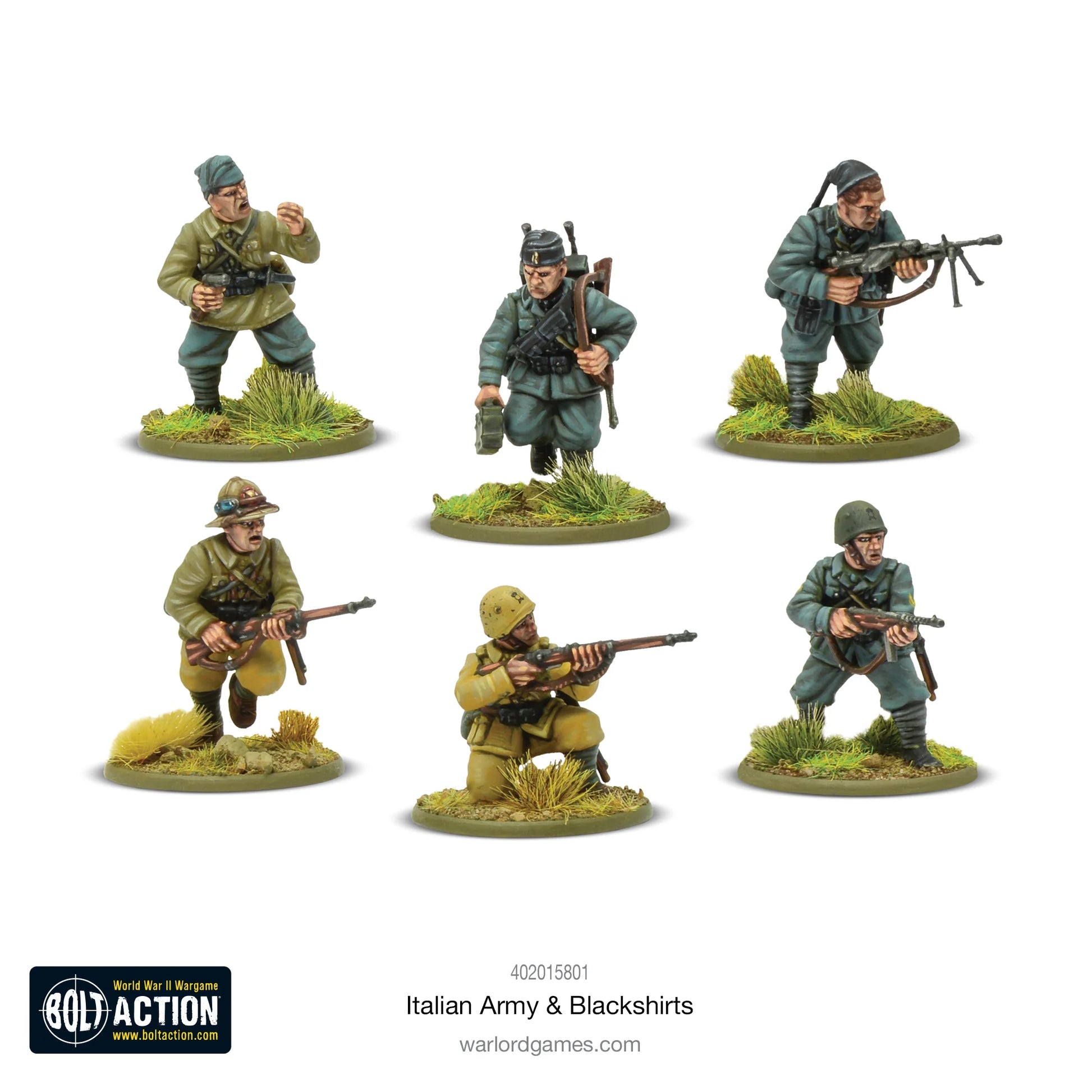 Italian Army & Blackshirts - Bolt Action 28mm - zbliżenia 6 figurek: oficer z lornetką, Blackshirt z fezem i karabinem, żołnierz z Breda M30 LMG, żołnierz w pith helmet, Blackshirt w żółtym mundurze, piechota z M33 hełmem - różnorodność mundurów i broni - Warlord Games