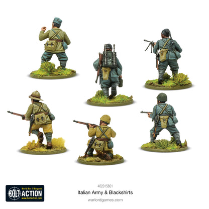 Italian Army & Blackshirts - Bolt Action 28mm - widok z tyłu 6 figurek: żołnierze z plecakami, torbami na maski gazowe, karabinami Carcano, różne mundury grigio-verde i żółte Sahariana, hełmy M33 i pith helmet - detale wyposażenia - Warlord Games