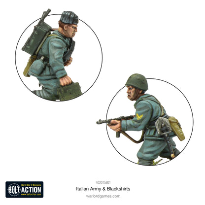 Italian Army & Blackshirts - Bolt Action 28mm - zbliżenia detali: żołnierz z plecakiem i torbą na maskę gazową widok z boku, żołnierz z Beretta M38 SMG i rangą kaprala na rękawie - mundur M37 grigio-verde - skala 1/56 - Warlord Games