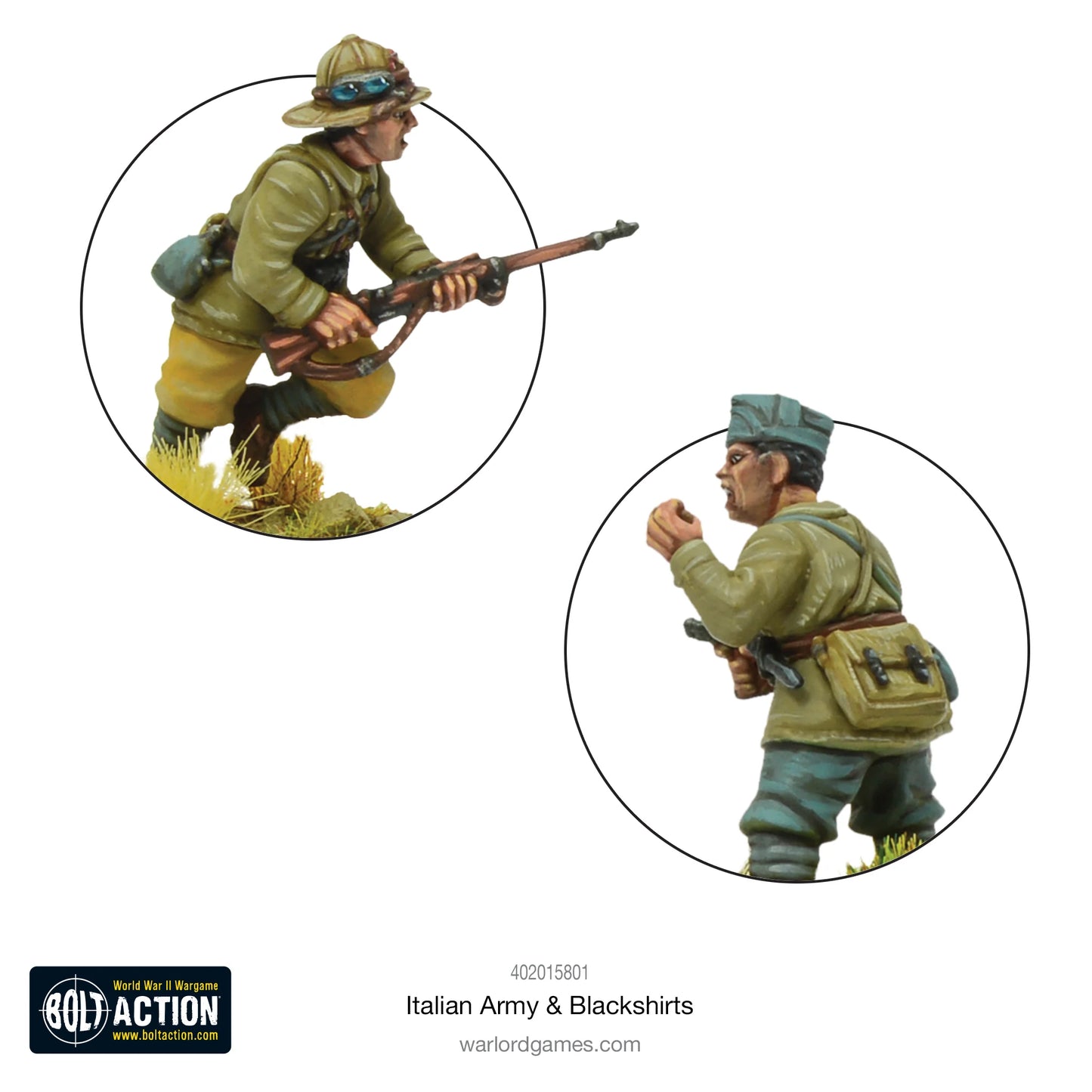 Italian Army & Blackshirts - Bolt Action 28mm - zbliżenia detali: żołnierz w pith helmet z karabinem Carcano i goglami na hełmie, żołnierz z torbą na maskę gazową i pistoletem - mundur Camiciotto Sahariana - skala 1/56 - Warlord Games