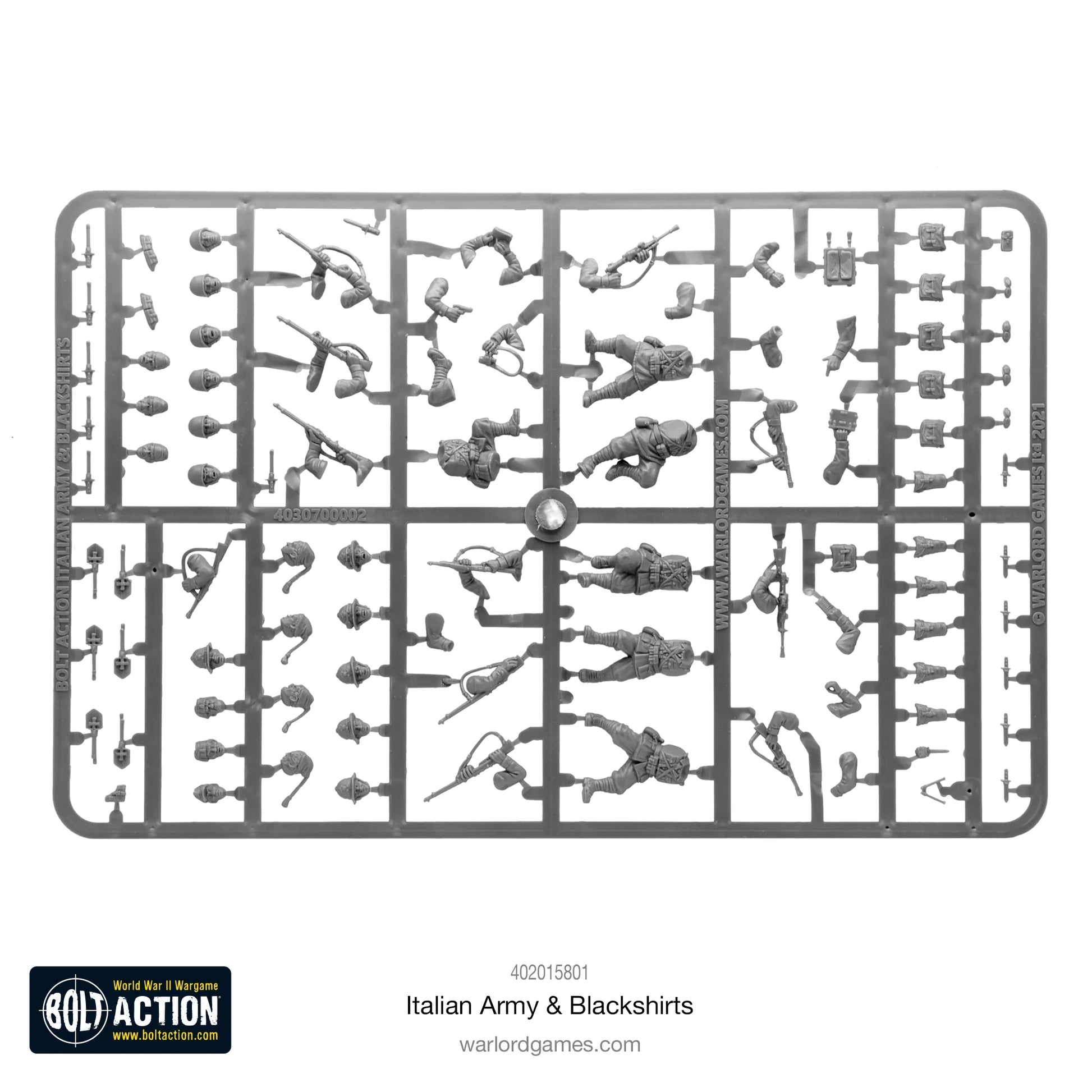 Italian Army & Blackshirts - Bolt Action 28mm - wypraski plastikowe: 30 figurek w częściach, korpusy, głowy z różnymi hełmami (M33, pith helmet, fezy, Bustina), karabiny Carcano, Beretta, Breda, plecaki, wyposażenie - Warlord Games