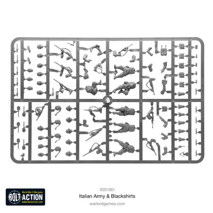 Italian Army & Blackshirts - Bolt Action 28mm - wypraski plastikowe: 30 figurek w częściach, korpusy, głowy z różnymi hełmami (M33, pith helmet, fezy, Bustina), karabiny Carcano, Beretta, Breda, plecaki, wyposażenie - Warlord Games