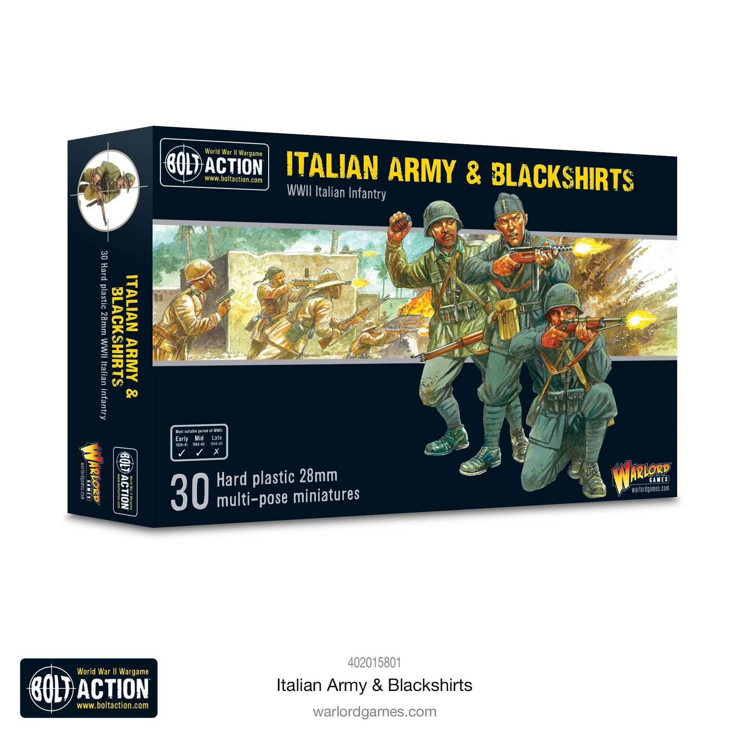 Italian Army & Blackshirts - Bolt Action 28mm - opakowanie produktu z dramatyczną ilustracją włoskiej piechoty i Camicie Nere w walce: żołnierze z Carcano, Beretta, granaty, hełmy M33 i pith helmet - 30 plastikowych figurek 28mm - Warlord Games