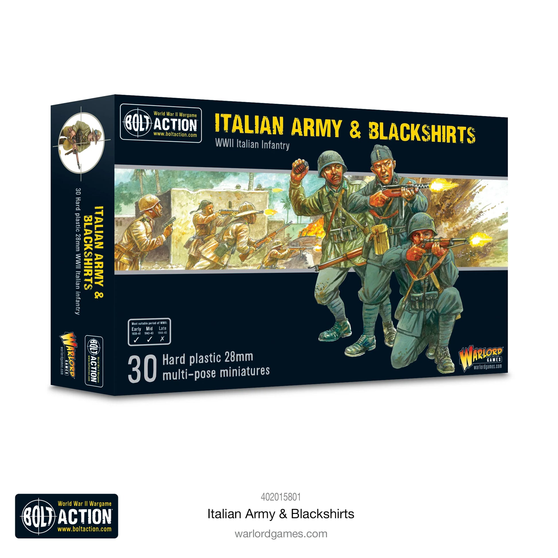 Italian Army & Blackshirts - Bolt Action 28mm - opakowanie produktu z dramatyczną ilustracją włoskiej piechoty i Camicie Nere w walce: żołnierze z Carcano, Beretta, granaty, hełmy M33 i pith helmet - 30 plastikowych figurek 28mm - Warlord Games
