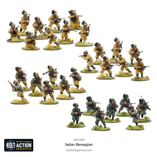 Italian Bersaglieri - Bolt Action 28mm - kompletny zestaw 30 pomalowanych figurek: 4 grupy w różnych mundurach (khaki pustynny, grigio-verde, szary) z charakterystycznymi czarnymi piórami głuszca na hełmach, karabiny Carcano i Beretta - podstawki pustynne - Warlord Games