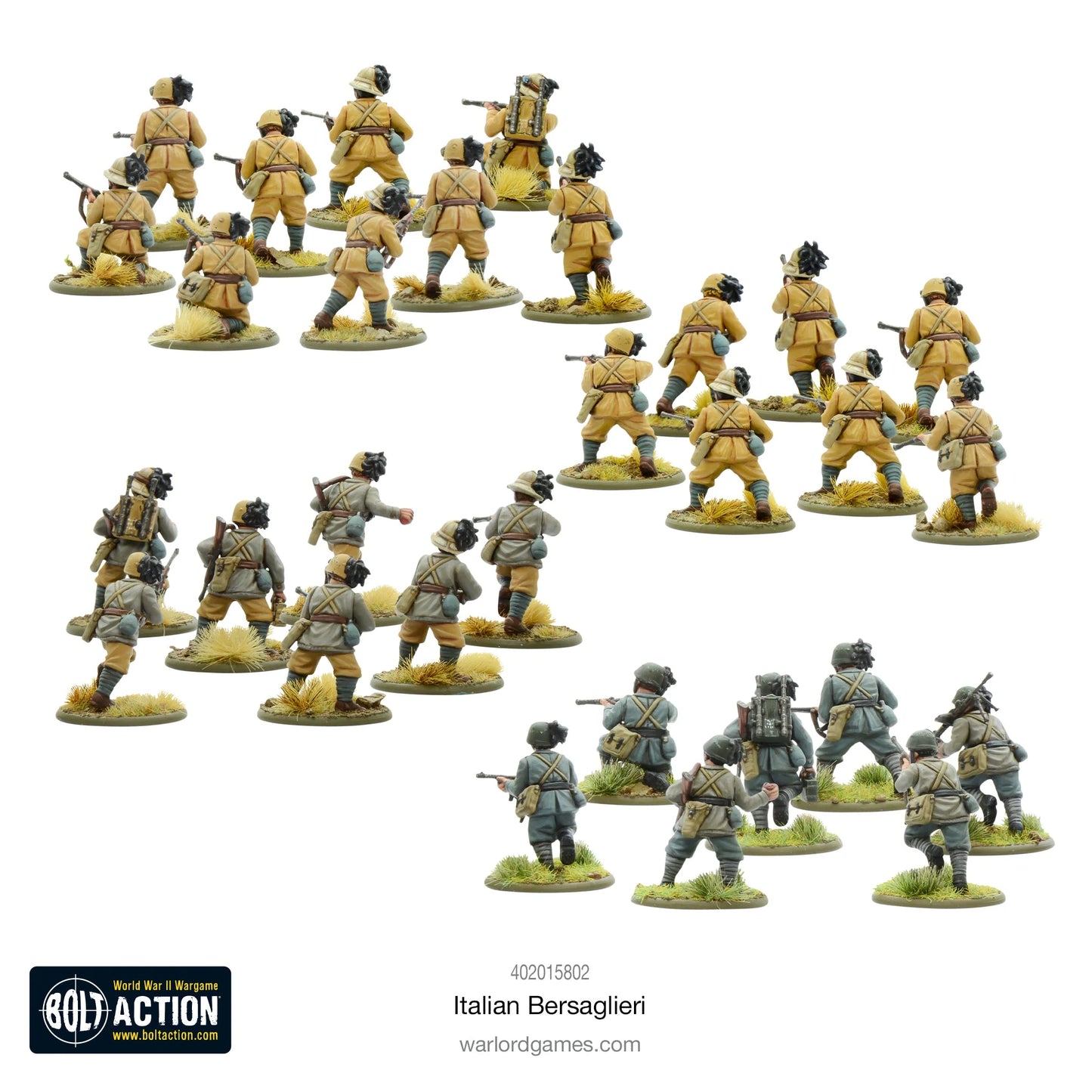 Italian Bersaglieri - Bolt Action 28mm - widok z tyłu: 30 żołnierzy z plecakami i wyposażeniem, czarne pióra głuszca na hełmach, 4 grupy w różnych mundurach (khaki, grigio-verde, szary), karabiny Carcano - detale plecaków i pasów - skala 1/56 - Warlord Games