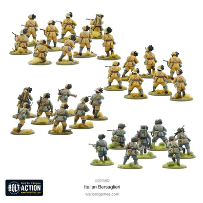 Italian Bersaglieri - Bolt Action 28mm - widok z tyłu: 30 żołnierzy z plecakami i wyposażeniem, czarne pióra głuszca na hełmach, 4 grupy w różnych mundurach (khaki, grigio-verde, szary), karabiny Carcano - detale plecaków i pasów - skala 1/56 - Warlord Games
