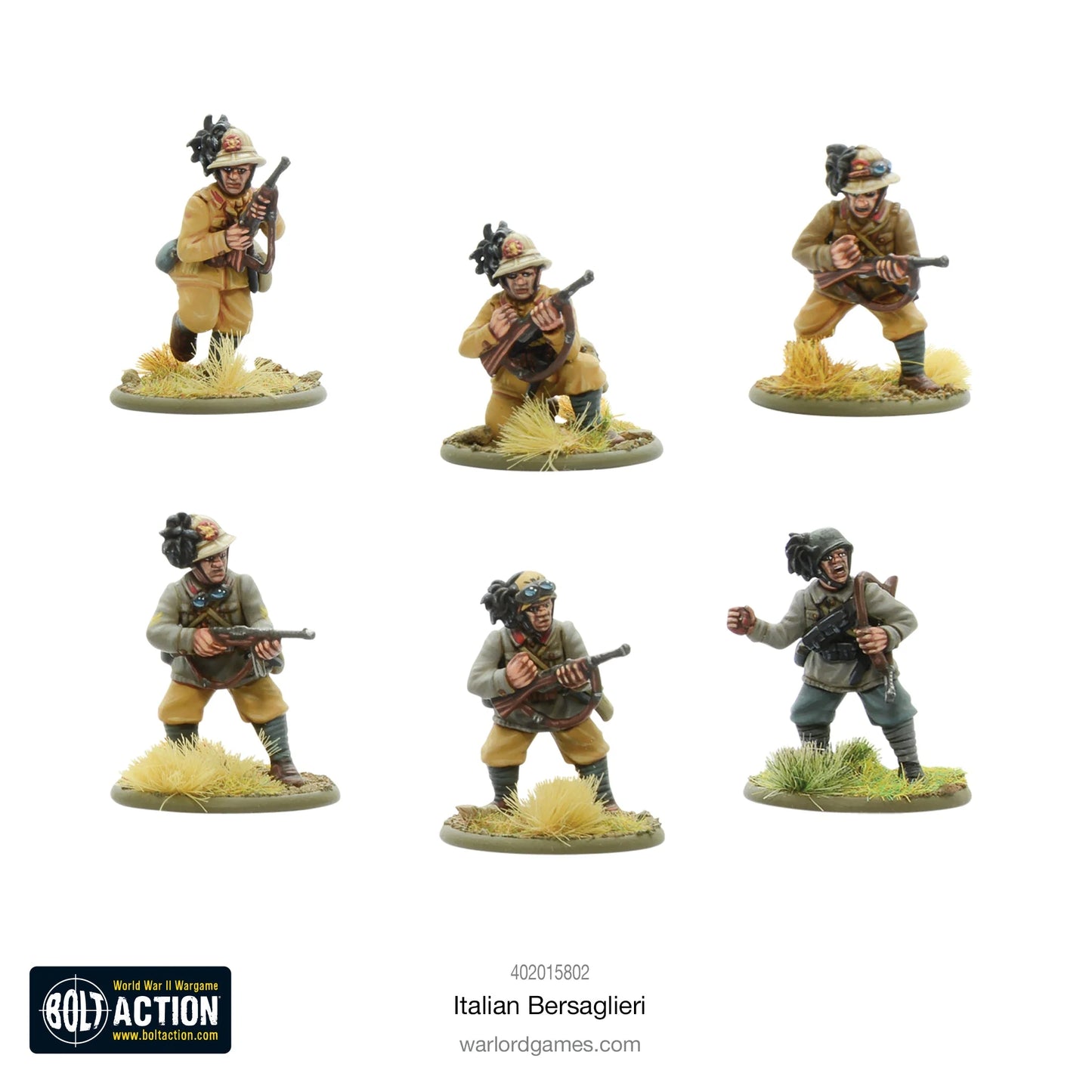 Italian Bersaglieri - Bolt Action 28mm - zbliżenia 6 figurek: 3 żołnierzy w mundurach khaki pustynnych i 3 w grigio-verde, wszyscy z charakterystycznymi czarnymi piórami głuszca na hełmach, karabiny Carcano, różne postawy bojowe - skala 1/56 - Warlord Games