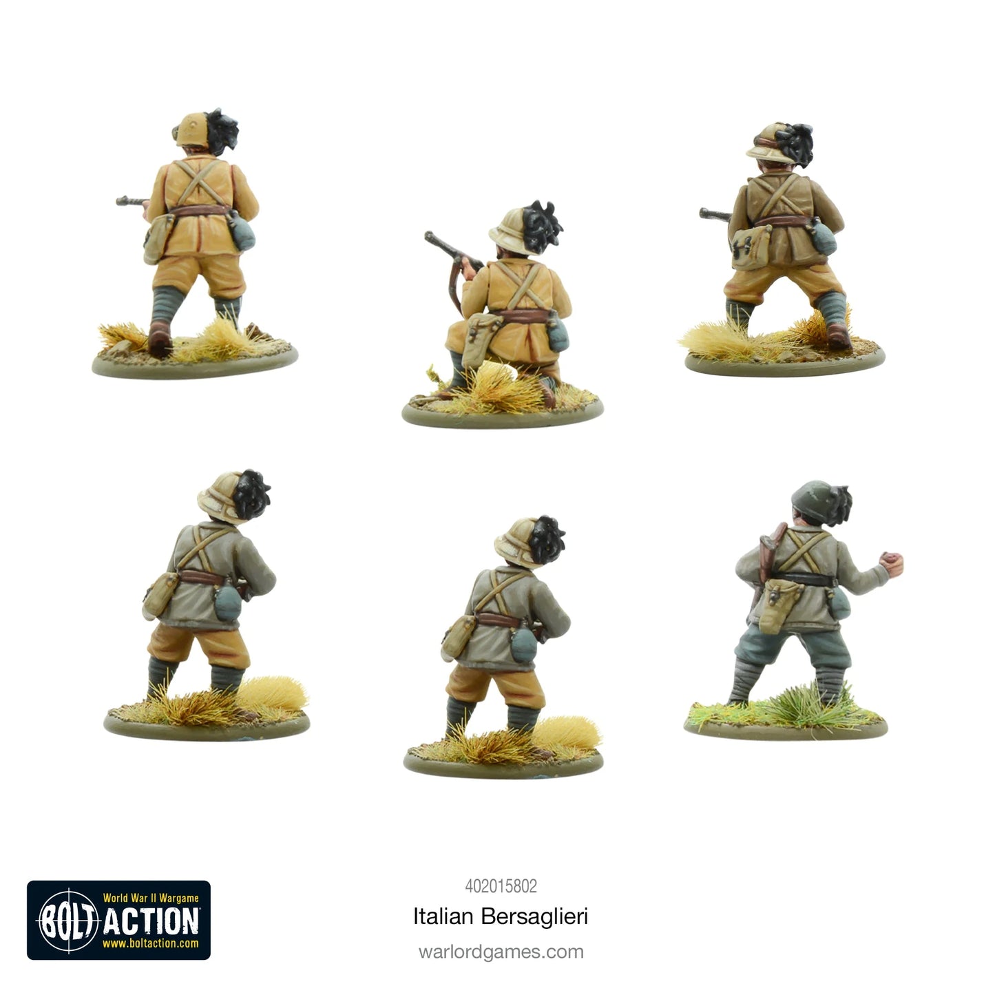 Italian Bersaglieri - Bolt Action 28mm - widok z tyłu 6 figurek: 3 żołnierzy w mundurach khaki pustynnych i 3 w grigio-verde z plecakami, czarne pióra głuszca na hełmach, skrzyżowane pasy, karabiny Carcano - detale wyposażenia - skala 1/56 - Warlord Games