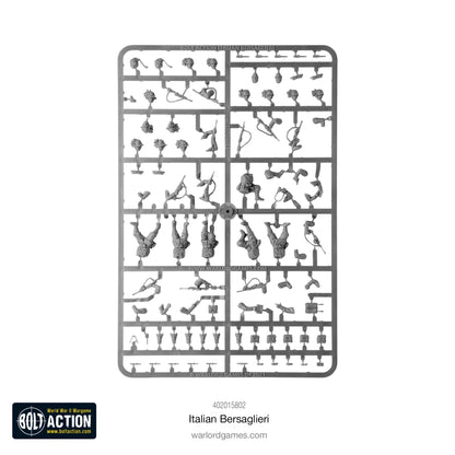 Italian Bersaglieri - Bolt Action 28mm - wypraski plastikowe: głowy z czarnymi piórami głuszca, korpusy, ręce, karabiny Carcano, Beretta, plecaki, pasy, wyposażenie - 30 figurek w częściach do montażu - Warlord Games