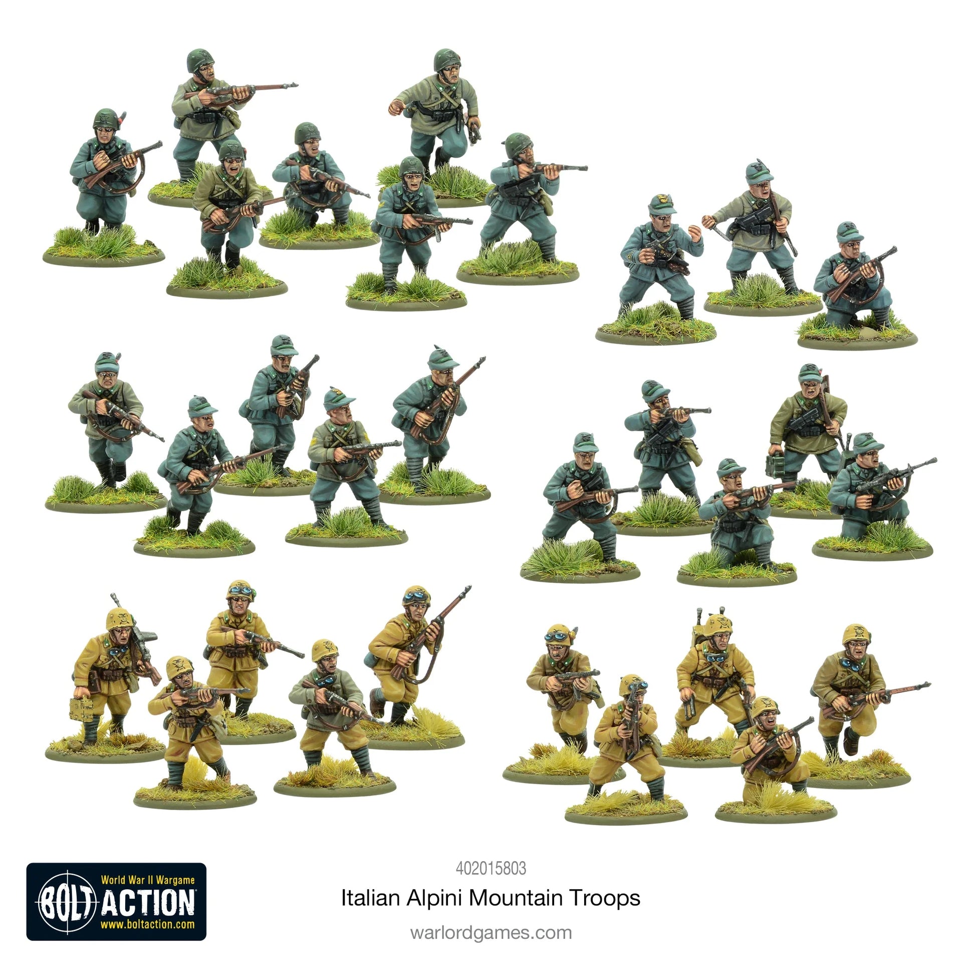 Italian Alpini Mountain Troops - Bolt Action 28mm - kompletny zestaw 30 pomalowanych figurek: 3 grupy w różnych mundurach (grigio-verde, szary, khaki pustynny) z charakterystycznymi czapkami alpejskimi z kruczymi piórami, karabiny Carcano i Beretta - podstawki górskie z trawą - Warlord Games