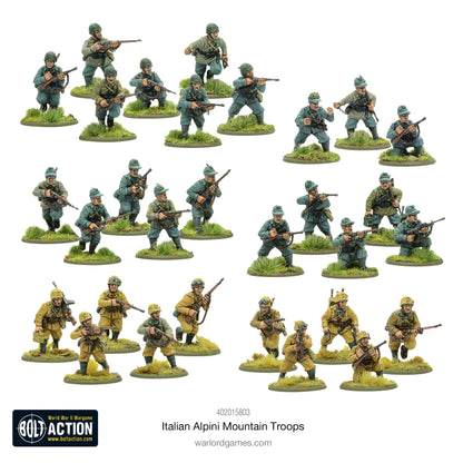 Italian Alpini Mountain Troops - Bolt Action 28mm - kompletny zestaw 30 pomalowanych figurek: 3 grupy w różnych mundurach (grigio-verde, szary, khaki pustynny) z charakterystycznymi czapkami alpejskimi z kruczymi piórami, karabiny Carcano i Beretta - podstawki górskie z trawą - Warlord Games