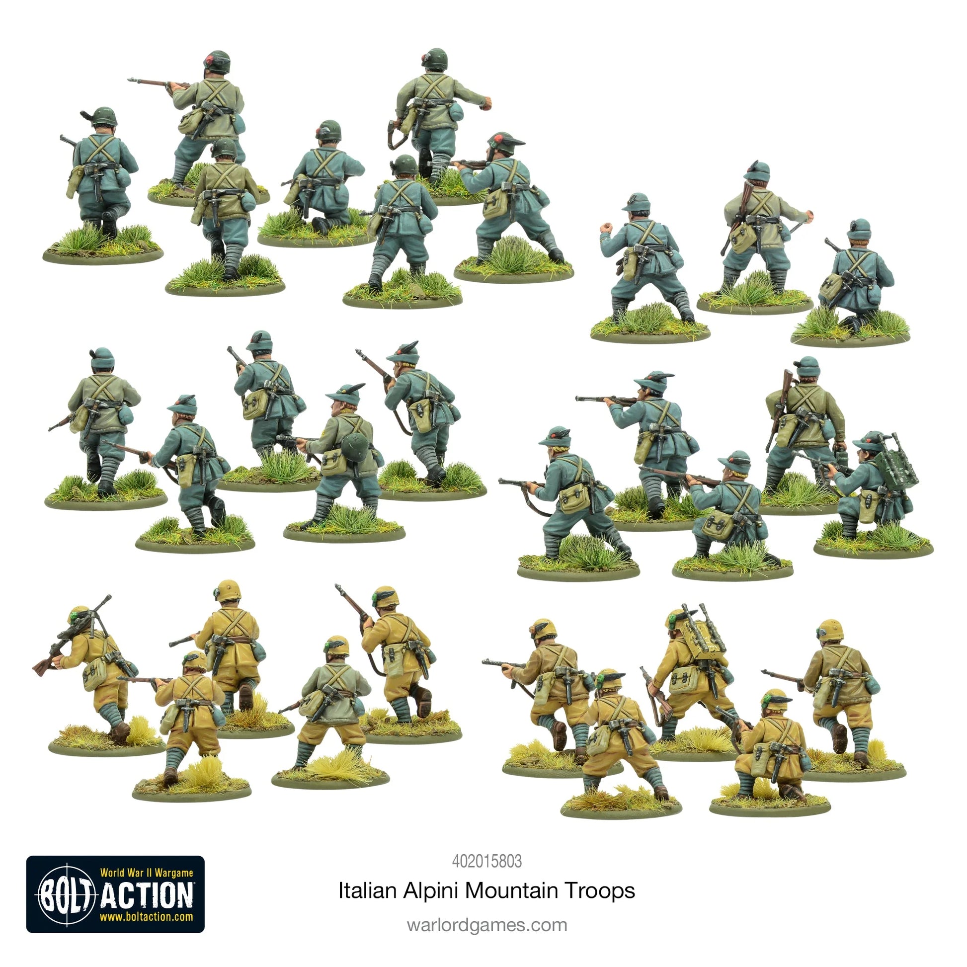 Italian Alpini Mountain Troops - Bolt Action 28mm - widok z tyłu: 30 żołnierzy z plecakami górskimi, skrzyżowanymi pasami, czapki alpejskie z kruczymi piórami Le Penne Nere, 3 grupy w różnych mundurach, karabiny Carcano - detale wyposażenia górskiego - skala 1/56 - Warlord Games